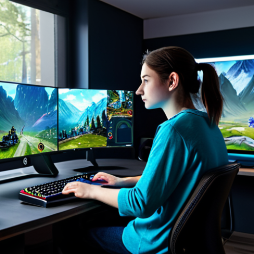 Home 17 A focused young adult gamer, depicted with a gender-neutral appearance, in comfortable, modest casual wear, sitting naturally at an ergonomic gaming desk. The large, high-resolution monitor in front of them displays vibrant, high-fidelity graphics of an open-world fantasy RPG, featuring a fully clothed character exploring a lush, detailed landscape. The room is a sleek, modern gaming setup with subtle ambient lighting emanating from the screen. professional photography, studio lighting, detailed textures, sharp focus, safe for work, appropriate content, fully clothed, professional, perfect anatomy, correct proportions, natural pose, well-formed hands, proper finger count, natural body proportions, modest clothing, family-friendly.