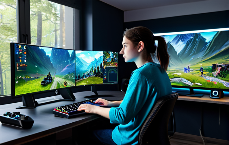 A focused young adult gamer, depicted with a gender-neutral appearance, in comfortable, modest casual wear, sitting naturally at an ergonomic gaming desk. The large, high-resolution monitor in front of them displays vibrant, high-fidelity graphics of an open-world fantasy RPG, featuring a fully clothed character exploring a lush, detailed landscape. The room is a sleek, modern gaming setup with subtle ambient lighting emanating from the screen. professional photography, studio lighting, detailed textures, sharp focus, safe for work, appropriate content, fully clothed, professional, perfect anatomy, correct proportions, natural pose, well-formed hands, proper finger count, natural body proportions, modest clothing, family-friendly.
