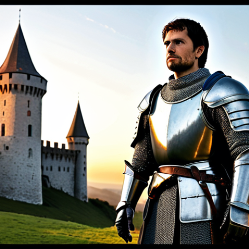 Home 10 **A brave knight in shining armor, fully clothed in appropriate attire, standing guard before a grand, medieval castle at sunset, safe for work, perfect anatomy, correct proportions, professional illustration, family-friendly.**