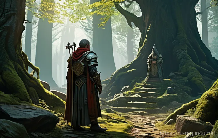 스팀에서 인기 있는 RPG 게임 - **A diverse group of adventurers stands at a crossroads in a mystical ancient forest, dappled sunlig...