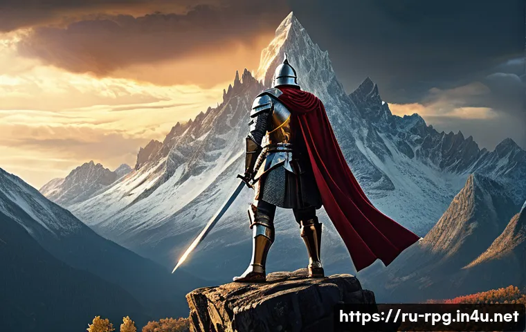 RPG 게임 수익 모델 분석 - **Prompt 1: "The Grand Adventurer's Vista"** A majestic male knight, approximately 30 years old,...