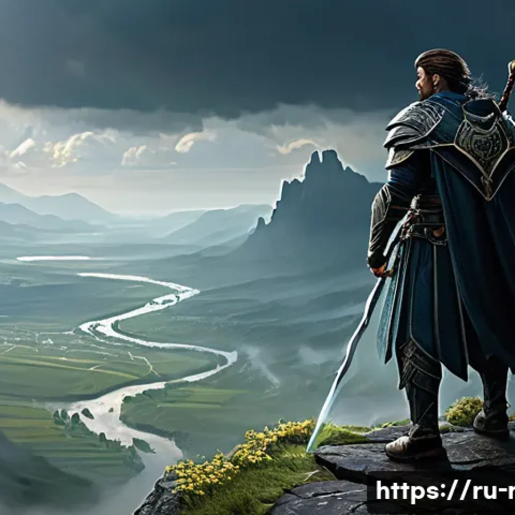 해외 RPG 커뮤니티 인기 게시물 - A detailed fantasy RPG scene depicting a heroic warrior-mage hybrid character standing on a cliff ov...