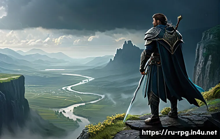 해외 RPG 커뮤니티 인기 게시물 - A detailed fantasy RPG scene depicting a heroic warrior-mage hybrid character standing on a cliff ov...
