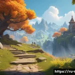 Home 22 언리얼 엔진 RPG 개발 예제 - A richly detailed fantasy RPG world scene featuring a sprawling, vibrant landscape with dynamic weat...