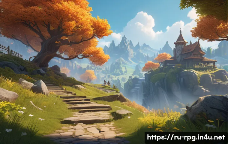 언리얼 엔진 RPG 개발 예제 - A richly detailed fantasy RPG world scene featuring a sprawling, vibrant landscape with dynamic weat...