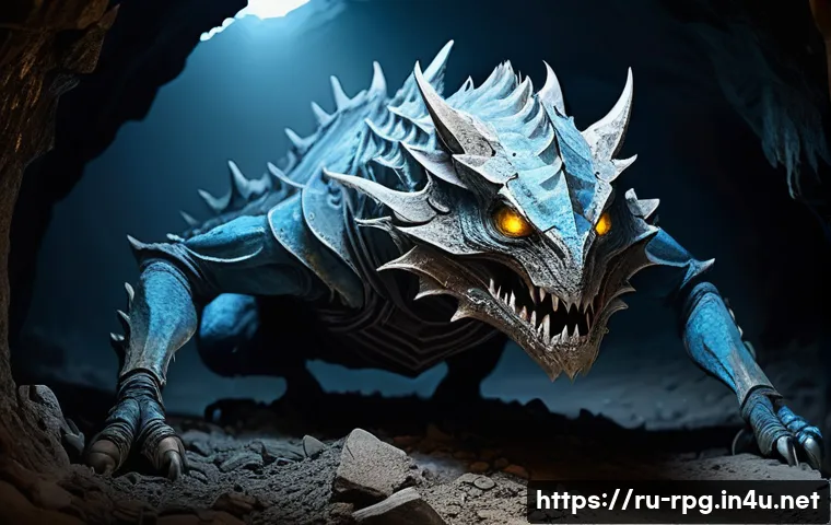 RPG 게임의 몬스터 디자인 - A detailed monstrous creature emerging from abandoned, dusty mines: its body covered in dirt, grime,...