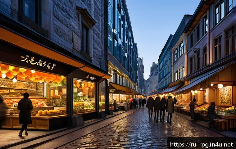 롤플레잉 게임 속 도시 설계 - A vibrant urban cityscape blending diverse architectural styles: ancient stone buildings with intric...