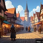 Home 19 콘솔용 RPG 명작 소개 - A richly detailed pixel-art style fantasy RPG town square at sunset, bustling with diverse character...