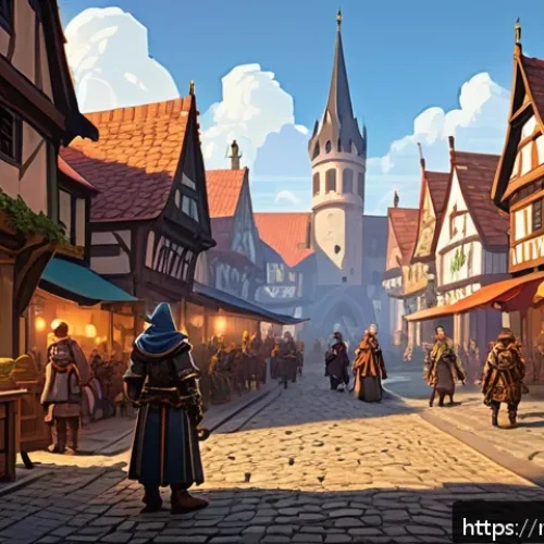 Home 31 콘솔용 RPG 명작 소개 - A richly detailed pixel-art style fantasy RPG town square at sunset, bustling with diverse character...