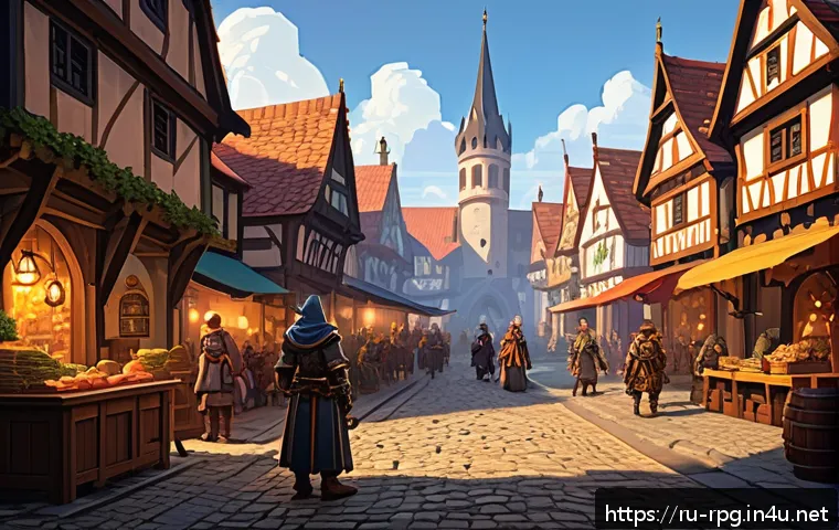 콘솔용 RPG 명작 소개 - A richly detailed pixel-art style fantasy RPG town square at sunset, bustling with diverse character...
