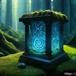 Home 18 추억의 RPG 키 아이템 - A mysterious ancient artifact glowing with ethereal blue light, partially buried in an overgrown for...