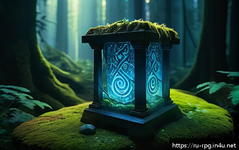 추억의 RPG 키 아이템 - A mysterious ancient artifact glowing with ethereal blue light, partially buried in an overgrown for...