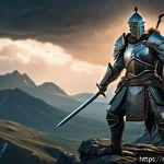Home 23 고전 RPG 게임 공략집 모음 - A detailed fantasy warrior character standing in a battle-ready pose on a rugged mountain terrain at...