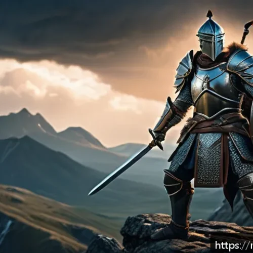 Home 17 고전 RPG 게임 공략집 모음 - A detailed fantasy warrior character standing in a battle-ready pose on a rugged mountain terrain at...
