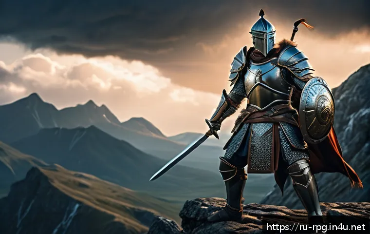 고전 RPG 게임 공략집 모음 - A detailed fantasy warrior character standing in a battle-ready pose on a rugged mountain terrain at...
